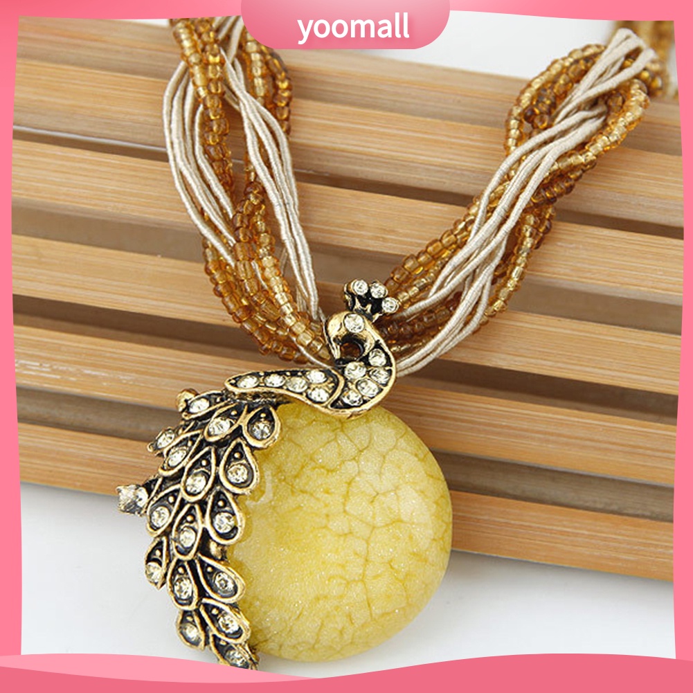 Vòng cổ Mặt Tròn Hình Chim Công Đính Đá Opal Nhân Tạo Phong Cách Bohemian