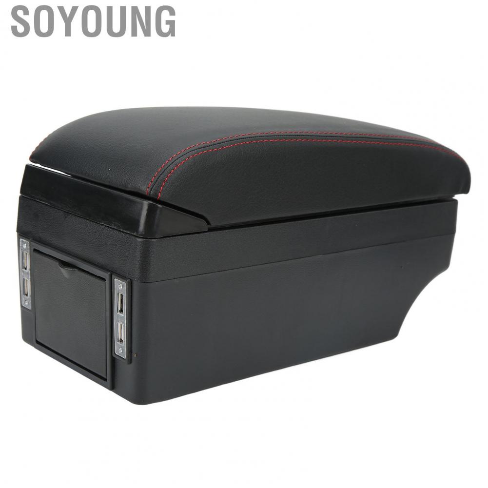Soyoung Armrest Box Center Console Organizer 7 USB Ports Front Rear Expansion Black for Auto Interior