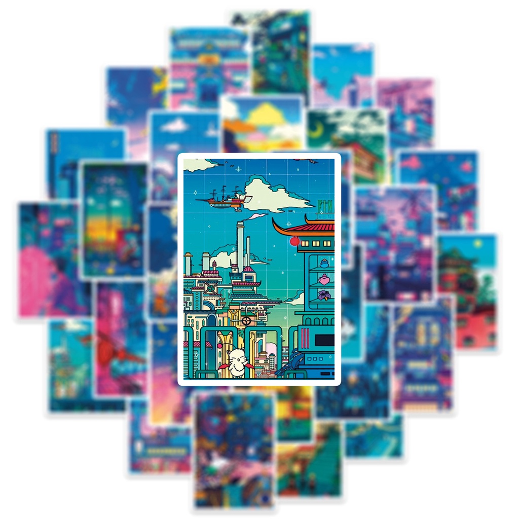 J· Hình Dán Chống Nước Chế Độ Xem Đường Phố Về Đêm Phim Hoạt Hình Mũ Bảo Hiểm Máy Tính Xách Tay Hành Lý Dán Thiết Lập, 50 tờ