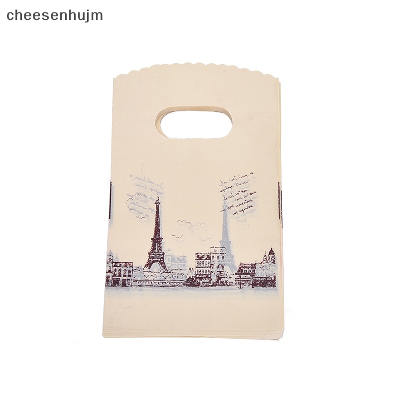 Set 100 Túi Mua Sắm Bằng Nhựa Có Tay Cầm Màu Hồng Hình Tháp Eiffel