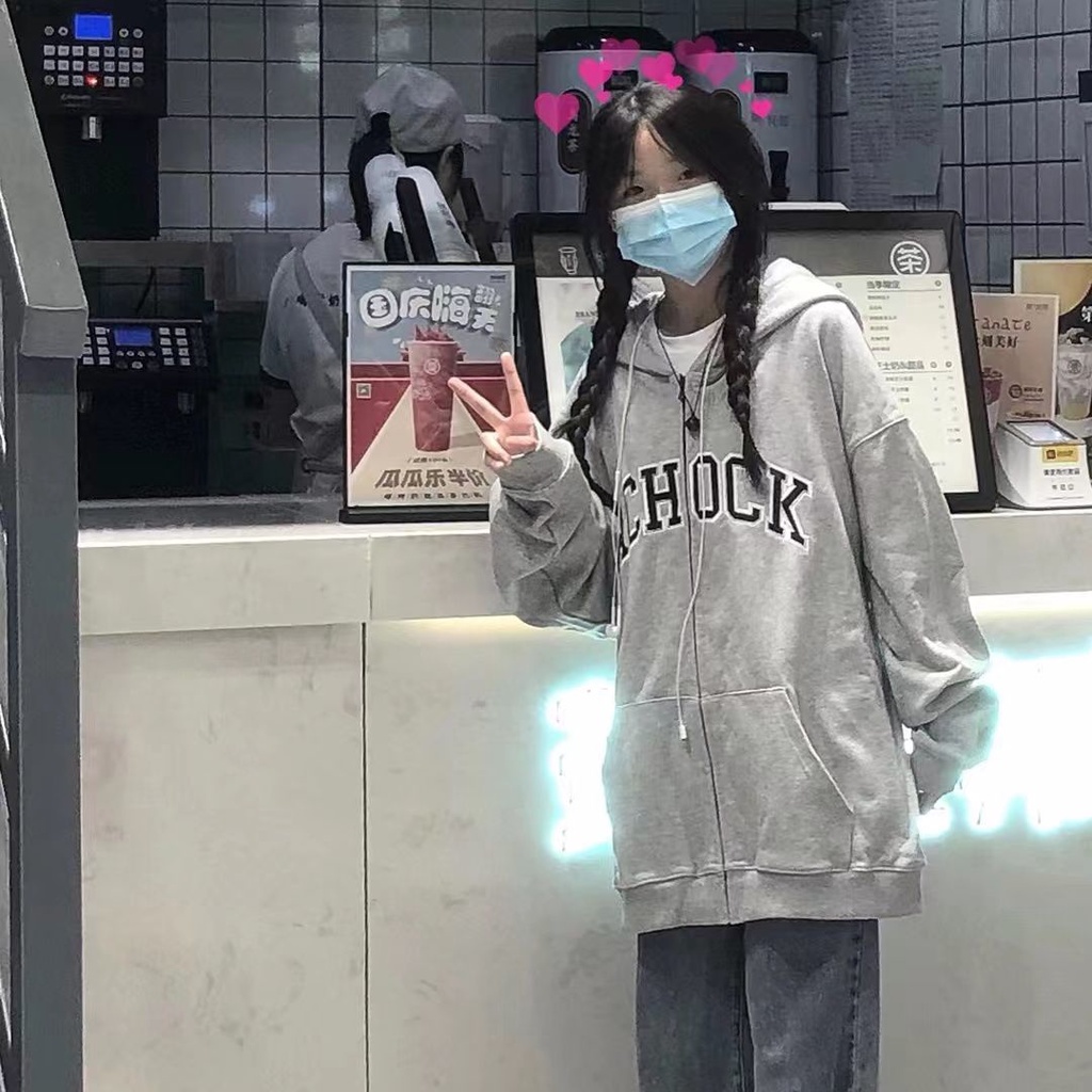 Áo Khoác Hoodie Mỏng Dáng Rộng Màu Xám Có Khóa Kéo Thời Trang Hàn Quốc Mới Cho Nữ