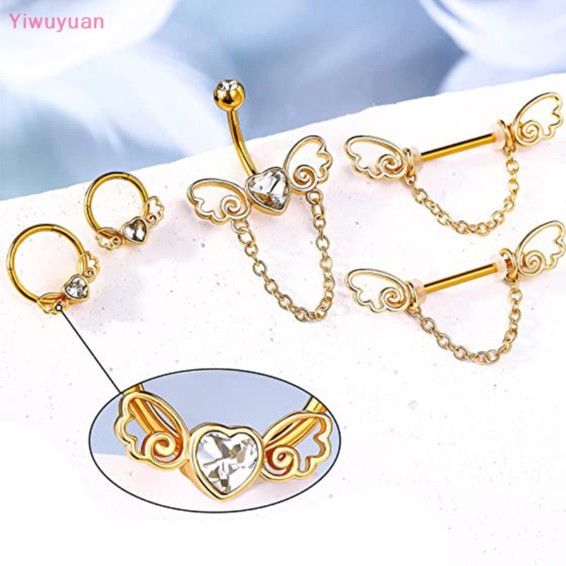 < Yiwuyuan > Bộ Khuyên Xỏ Mũi / Rốn / Nhũ Hoa Hình Trái Tim Pha Lê Màu Vàng Trang Sức Cá Tính Dành Cho Nữ