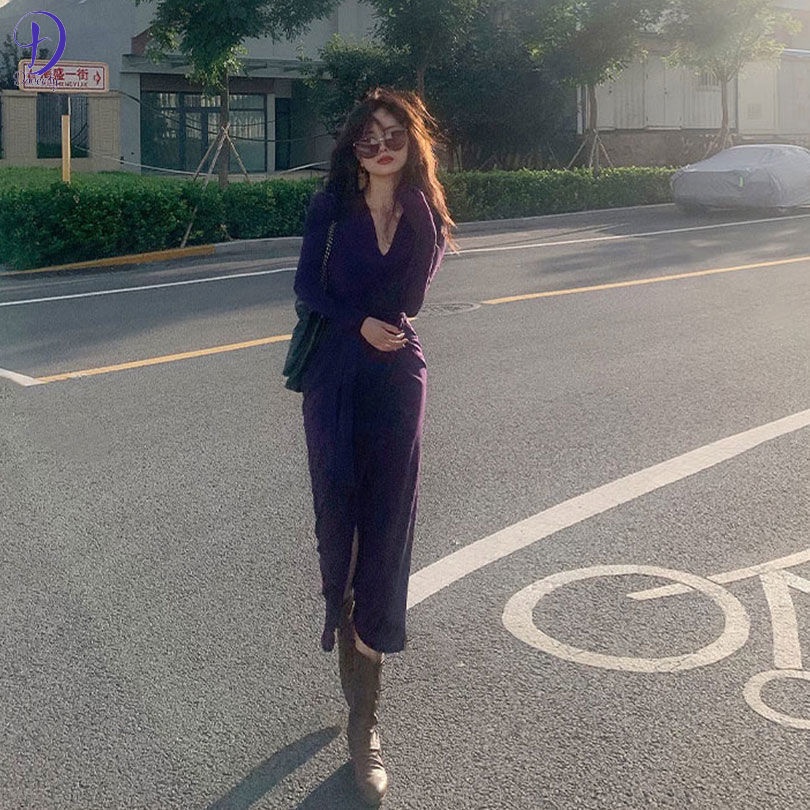 Đầm Tím Tay Dài Phối Cà Vạt Co Giãn Tốt Thiết Kế Trang Nhã Cho