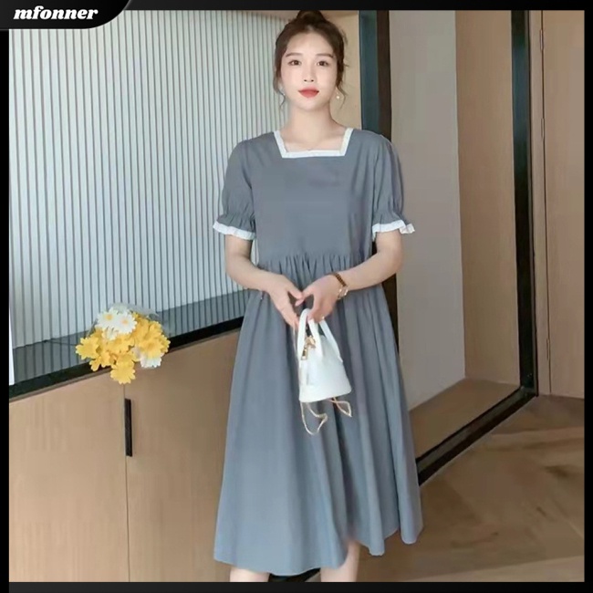 Đầm Midi Chữ A Tay Ngắn Cổ Vuông Dáng Rộng Màu Sắc Đơn Giản Thời Trang Mùa Hè Cho Nữ