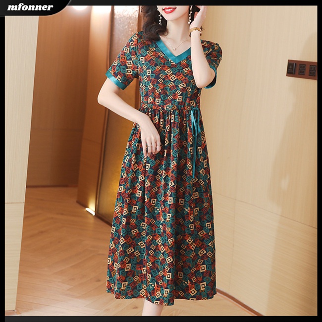 Đầm Midi Tay Ngắn Cổ Chữ V Eo Cao Màu Sắc Tương Phản Thanh Lịch Dành Cho Nữ