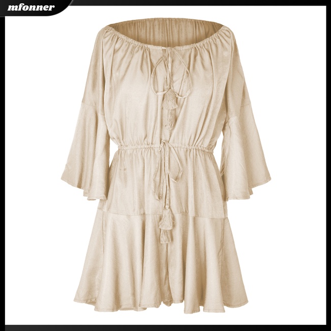 Bộ Áo Liền Quần Trễ Vai Eo Cao Tay Loe Phối Dây Rút Thời Trang Mùa Hè Cho Nữ