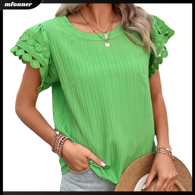 Áo Thun Nữ Tay Ngắn Cổ Tròn Phối Ren Màu Sắc Ngọt Ngào