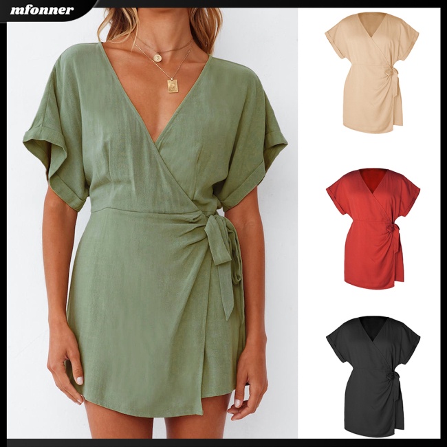 Áo liền quần Ngắn Tay Cổ Chữ V Màu Sắc Thanh Lịch Cho Nữ