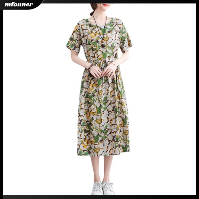Đầm Midi Dáng Chữ A Tay Ngắn Dáng Rộng Vải Lanh Cotton In Họa Tiết Thời Trang Mùa Hè Cho Bạn Gái
