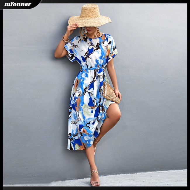 Đầm Dài Tay Ngắn Cổ Tròn Thắt Nơ Sau Lưng Họa Tiết Hoa Phong Cách Boho Cho Nữ