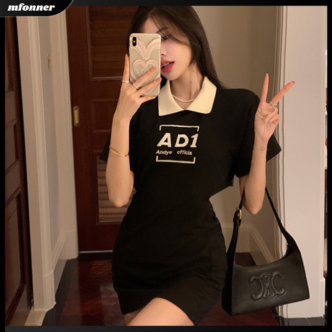 Đầm Tay Ngắn Cổ Bẻ Thêu Chữ Ôm Dáng Quyến Rũ Thời Trang Mùa Hè Cho Nữ