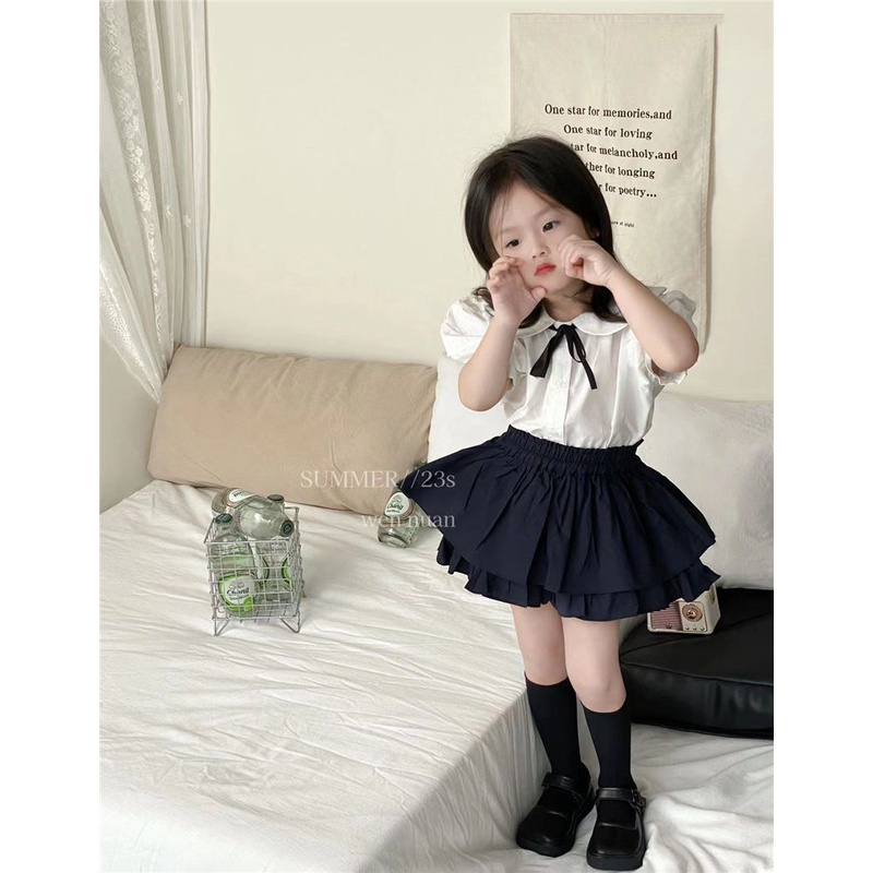 Áo Sơ Mi Tay Ngắn Cổ Peter Pan Thắt Nơ Phong Cách Preppy Mùa Hè Mới 2023 Cho Bé Gái