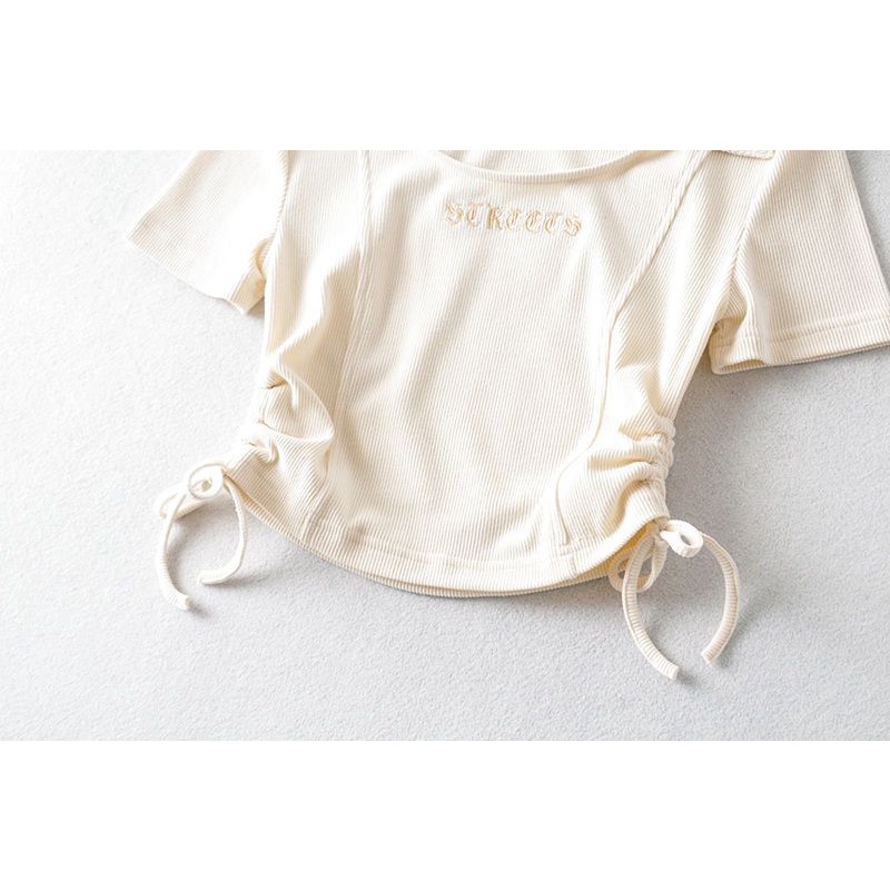 Áo Thun Ngắn Tay Thiết Kế Dây Rút Hai Mặt Thêu Chữ Phong Cách Mới Mùa Hè Cho Nữ HF