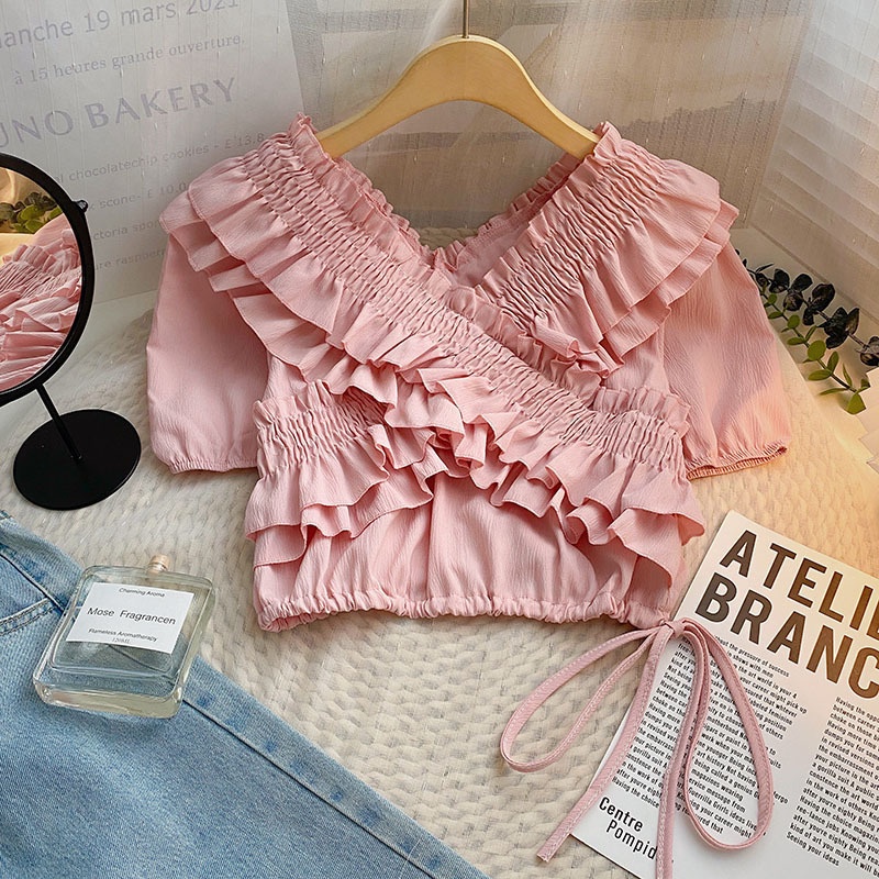 Áo Sơ Mi Ngắn Tay Cổ Chữ V Phối Bèo Thiết Kế Mới Thời Trang Mùa Hè Theo Phong Cách Hàn Quốc Cho Nữ