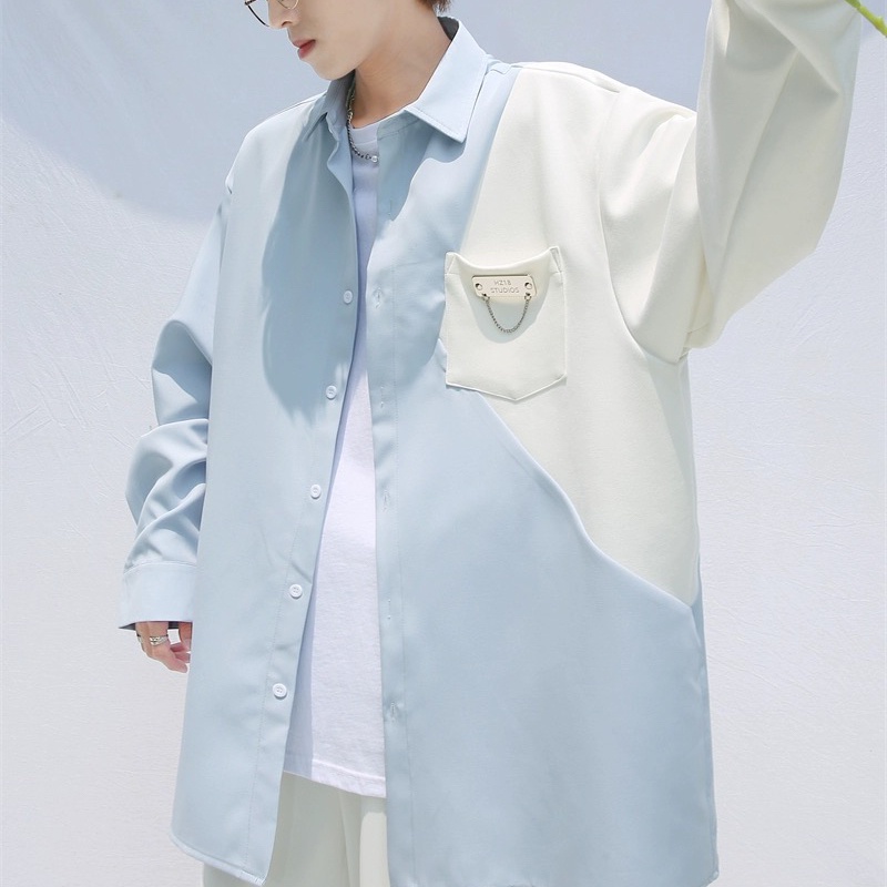 Áo Khoác Sơ Mi Dài Tay Cổ Bẻ Phối Màu Độc Đáo Phong Cách Hàn Quốc Cho Nam Giới, Thoải Mái, Sang Trọng Và Chống Nhăn ÁO Sơ Mi Vintage Nam