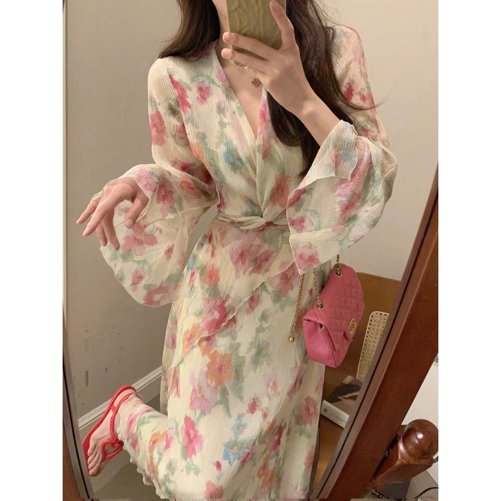 Đầm Hoa Tay Loe Thời Trang Mùa Hè Pháp 2023 Dành Cho Nữ