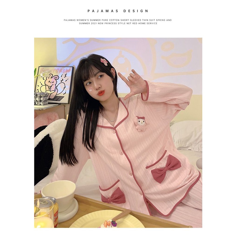 Bộ Đồ Ngủ Tay Dài Đính Nơ Phong Cách Hàn Quốc Thời Trang Xuân Thu Xinh Xắn Cho Nữ