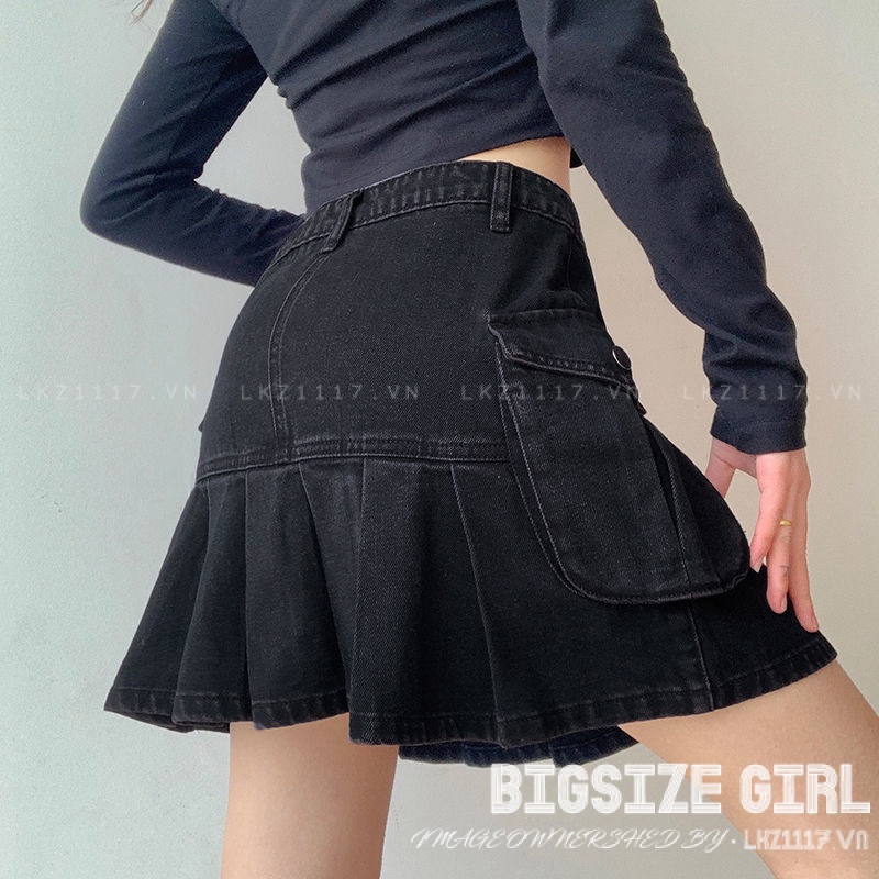 chân váy bò ngắn Bigsize chân váy nữ jean lưng cao chữ a xếp ly đen mùa hè Phong cách Hàn Quốc Thời Trang đẹp