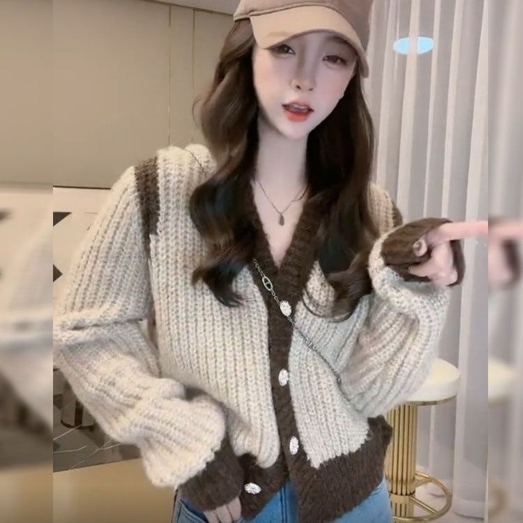Áo Khoác Cardigan Dệt Kim Dáng Rộng Phối Màu Tương Phản Trẻ Trung Phong Cách Hàn Quốc