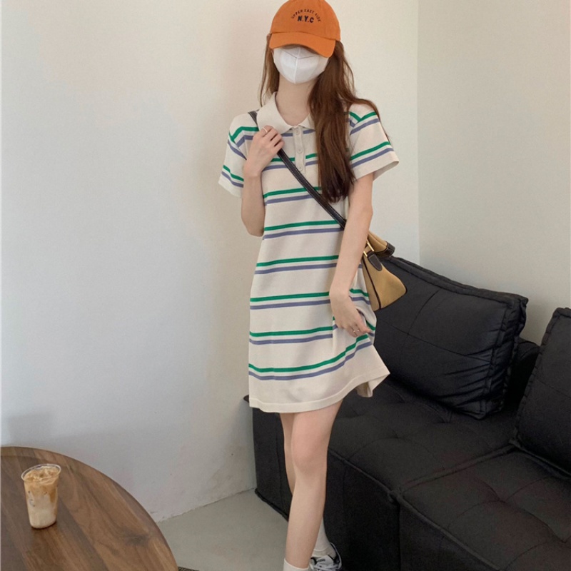 Đầm Dệt Kim Tay Ngắn Dáng Rộng Họa Tiết Kẻ Sọc Màu Sắc Tương Phản Thời Trang Mùa Hè