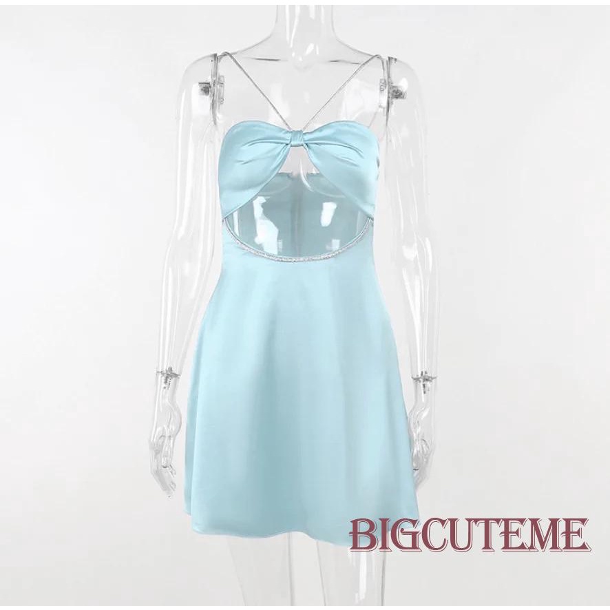 [] - Đầm Mini Hai Dây Cổ Chữ V Màu Trơn Sáng Bóng Mùa Hè Dành Cho Nữ