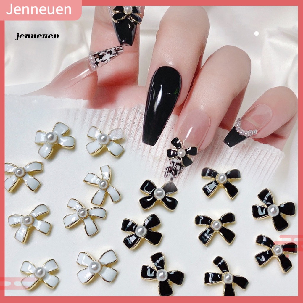 Set 5 Móng Tay Giả Bằng Kim Loại Đính Hạt Charm Nơ Trắng Đen Tự Nhiên Sáng Tạo