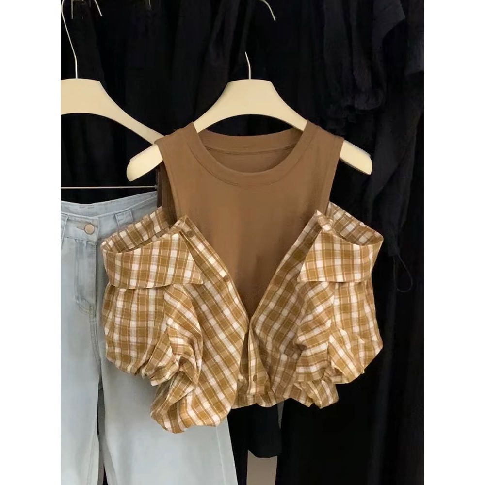 Áo sơ mi kẻ sọc rỗng trễ vai hàn quốc sai hai mảnh thời trang 2023 summer new t-shirt