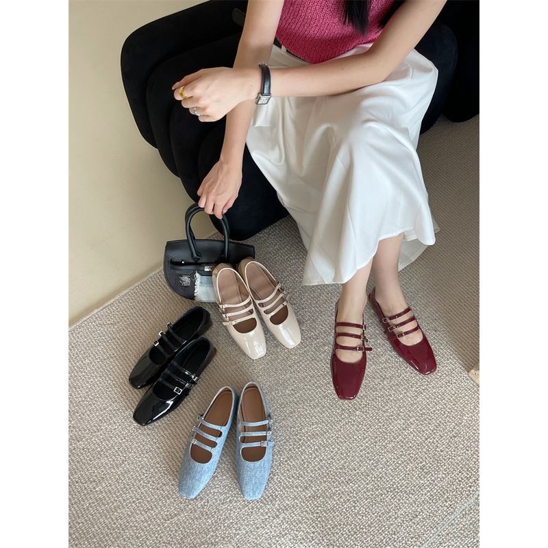 Giày Búp Bê Mary Jane Mũi Vuông Quai Denim Phong Cách Mới 2023