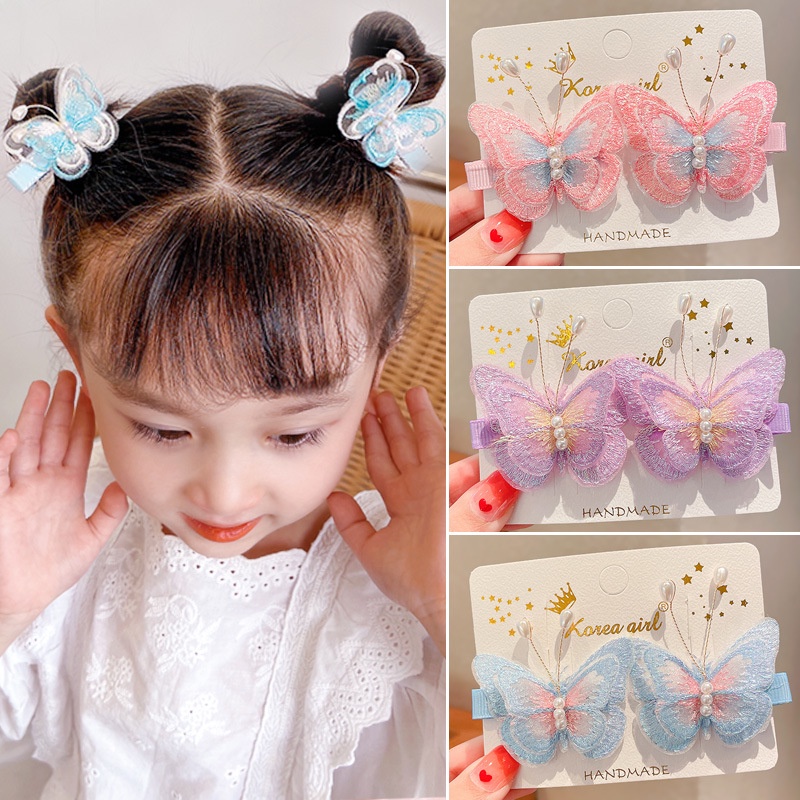 Bộ Kẹp Tóc + Dây Buộc Tóc Đuôi Ngựa Cao Su Hình Bướm Nhiều Màu Dễ Thương Cho Bé Gái