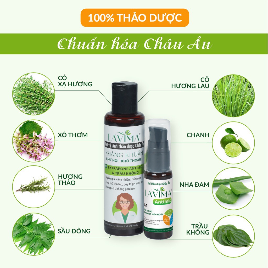 Bộ Gel Phụ Khoa (Rửa+ Bôi) Thảo Dược Châu Âu LAVIMA- Huyết Trắng, Nấm Ngứa, Lộ Tuyến VM_Pharmacy