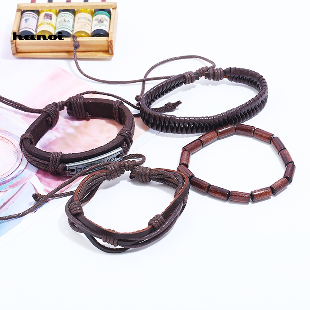 Set 4 Vòng Tay Bện Dây Giả Da Nhiều Lớp Thời Trang Cho Nam