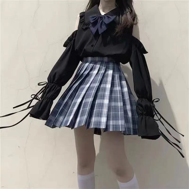 Áo Sơ Mi Đồng Phục Nữ Sinh Nhật Bản Cổ Búp Bê Tay Loe Dài Hở Vai Phong Cách Preppy Lolita