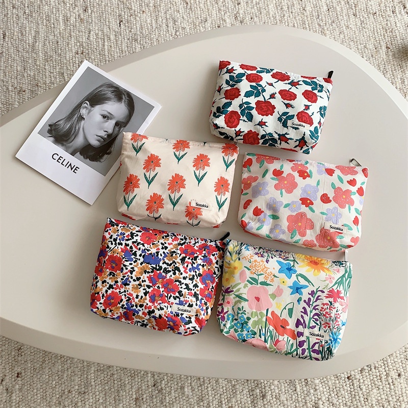 Túi Đựng Mỹ Phẩm Sức Chứa Lớn Bằng Cotton Họa Tiết Hoa Thời Trang Mùa Hè Có Khóa Kéo Cho Nữ
