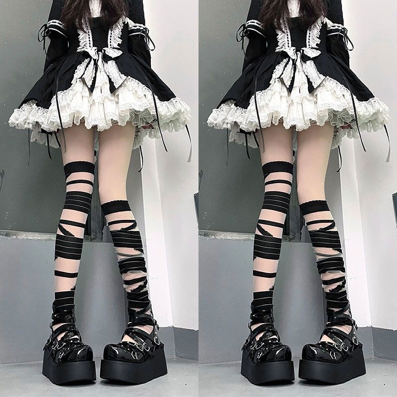 Vớ Dài Qua Gối Siêu Mỏng Màu Trắng Đen Phong Cách Lolita Quyến Rũ Cho Nữ