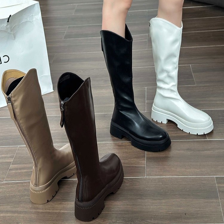 Giày Bốt Da PU Gót Vuông Mũi Tròn Thoáng Khí Thiết Kế Đơn Giản Hợp Thời Trang