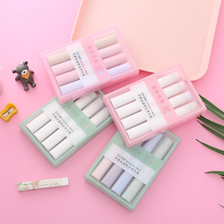 Set 4 Bút Highlight Màu Pastel Retro SHIORI Thân Tròn Giúp Ghi Nhớ trang trí sổ bullet journal văn phòng phẩm
