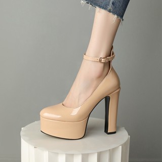 33-43 Giày Size Lớn 2023 Phong Cách Mới Cao Gót Giày Dày Gót Đơn Giản Bằng Sáng Chế Da Khóa Dây Đeo Đi Làm OL Phong Cách Chuyên Nghiệp Giày Nữ Làm Việc