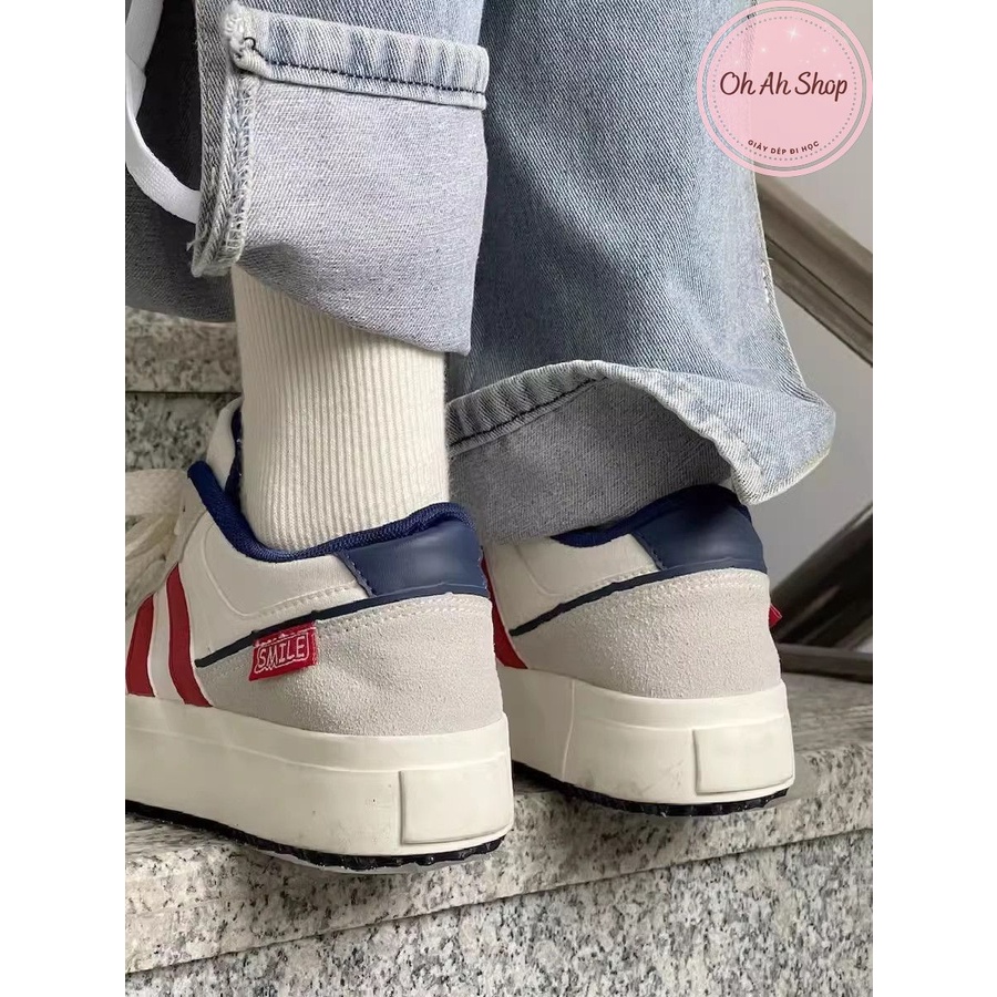 🍓  Giày Nữ Đi Học Giày Vải Canvas Màu Xám Kẻ Đỏ Gót Navy Loại 1  Ohahshopgiaydep