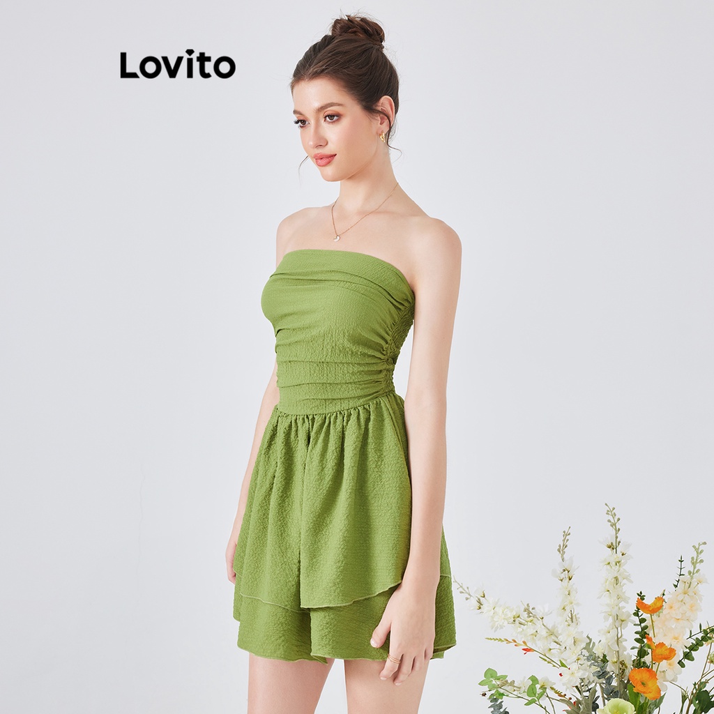 Đầm Lovito phong cách thường ngày màu trơn xếp nếp dành cho nữ L54ED136