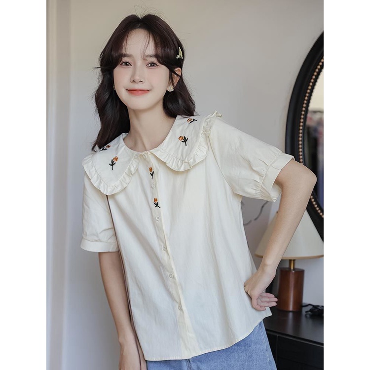 Búp bê cổ bong bóng tay áo thêu cho phụ nữ Pháp Vintage College Wind Top