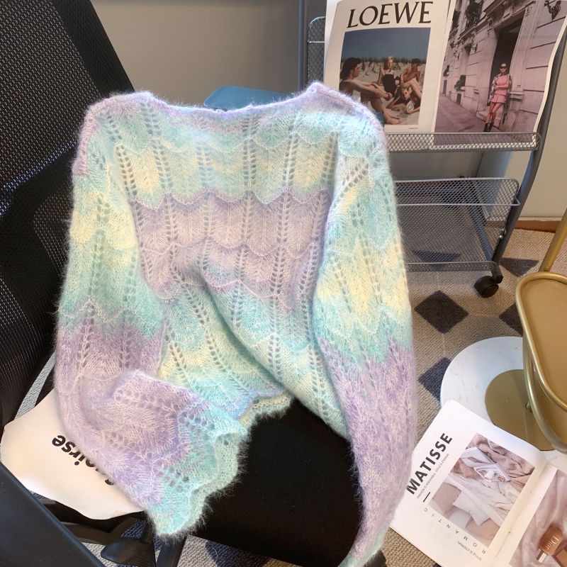 Mohair rainbow sweater women early spring 2023 new style gentle style pullover top sweet hollow long-sleeved knitwear