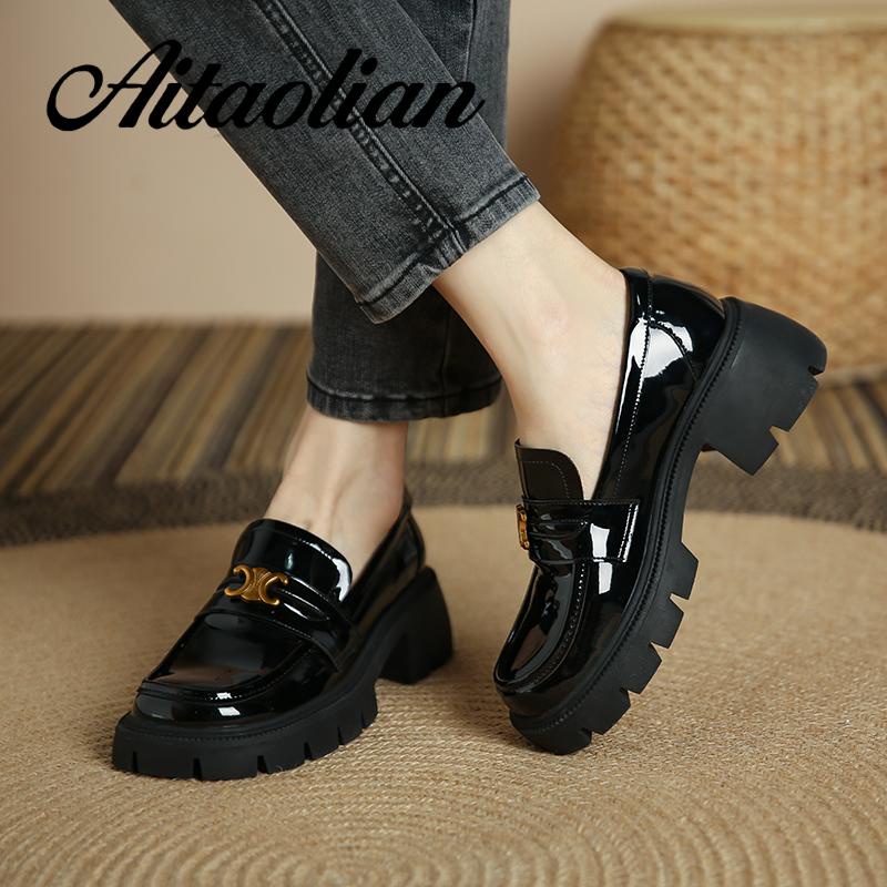 Giày Lười Da Bóng Đế Bằng 6cm Mũi Tròn Thời Trang Retro Anh Quốc Cho Nữ