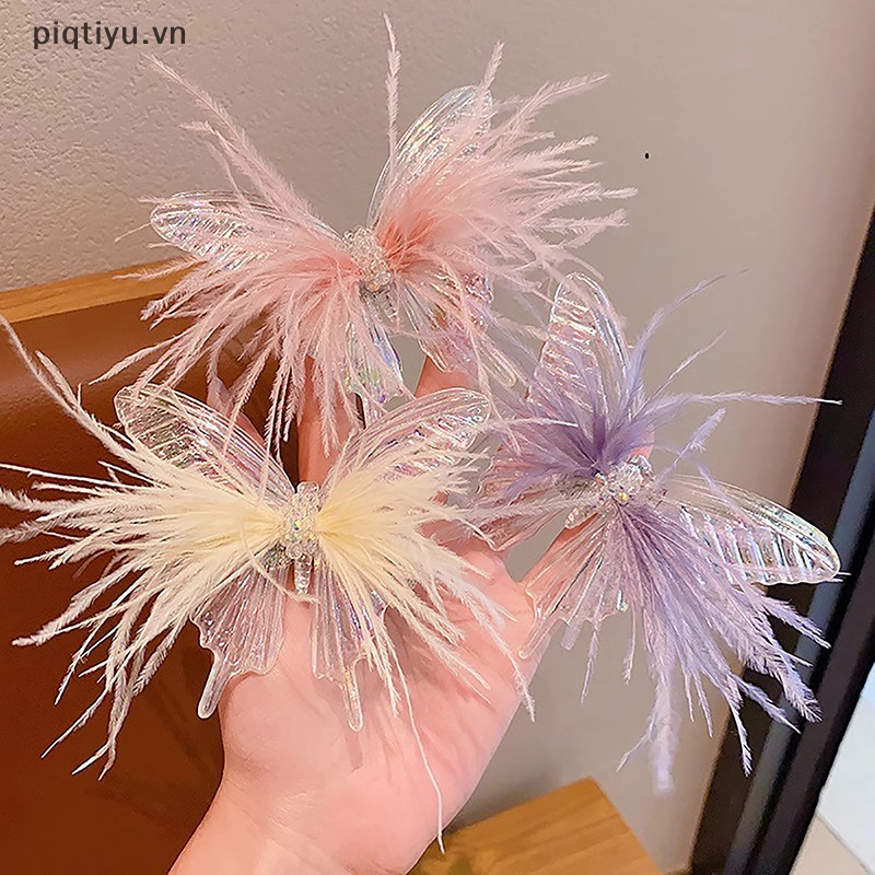 Kẹp Tóc Hình Bươm Bướm / Lông Vũ Nhiều Màu Phong Cách Hàn Quốc Xinh Xắn Cho Bé Gái