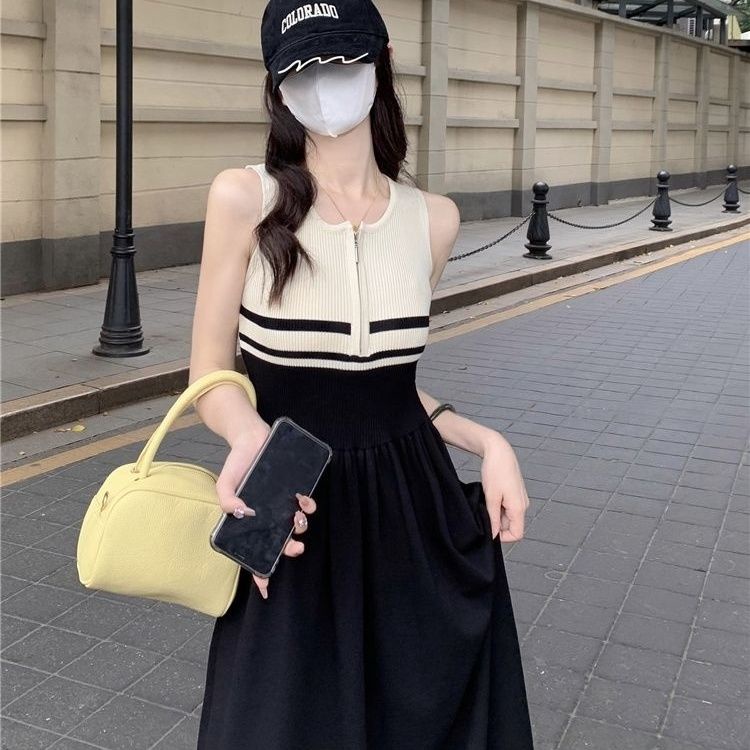 Đầm Midi Không Tay Màu Sắc Tương Phản Phong Cách Pháp Cổ Điển Thời Trang Mùa Hè Cho Nữ