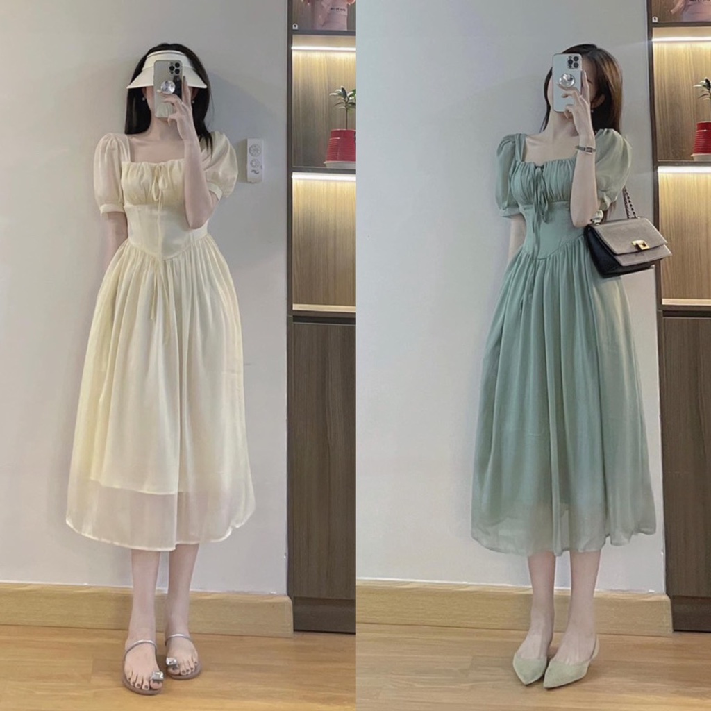 Đầm cổ vuông maxi tằm ánh kim phù hợp đi chơi đi tiệc NP95 BOUTIQUE
