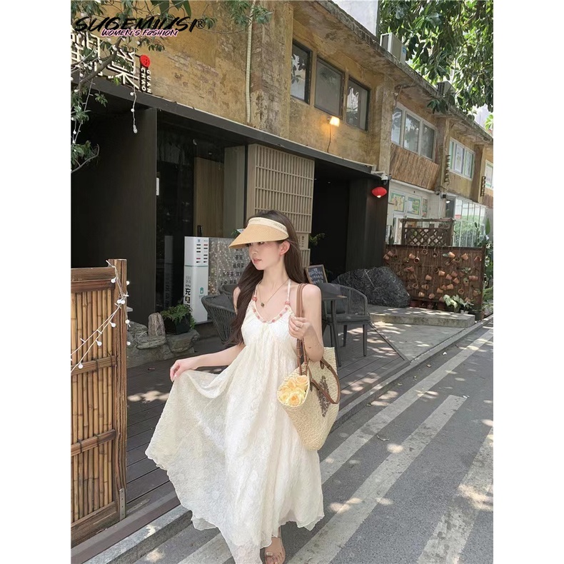 Sugemiusi Đầm Voan Hai Dây Dáng Dài Màu Trắng Thời Trang Đi Biển Mùa Hè Dành Cho Nữ