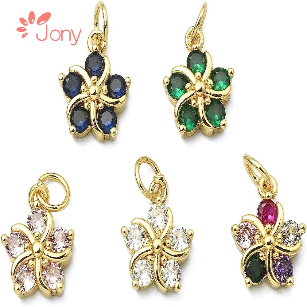 Jy1 charms vàng thật, đồng thau và khối zirconia màu tím nhạt, trắng, đen, xanh lá cây, xanh dương, xanh hồ, bùa hoa hồng đỏ, phụ kiện trang sức hình cánh hoa zirconia khối