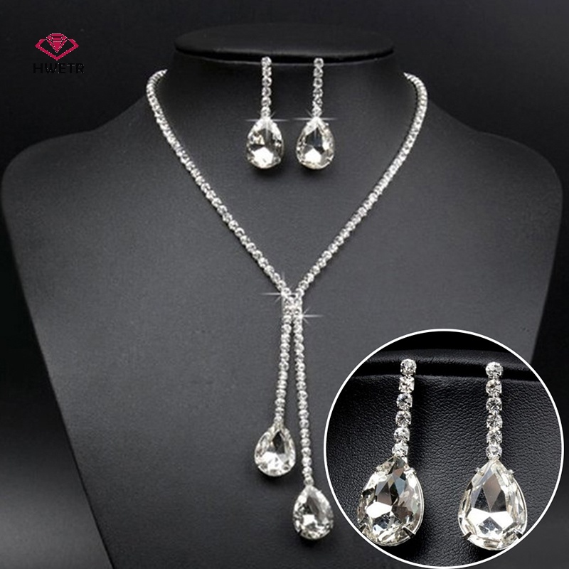 Hwetr đám cưới giọt nước pha lê rhinestone vòng cổ bông tai bộ trang sức mới