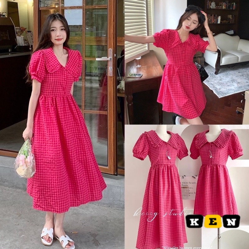 Váy Babydoll Kẻ Hồng Cổ Sen Bèo Siêu Xinh STORYBOOK