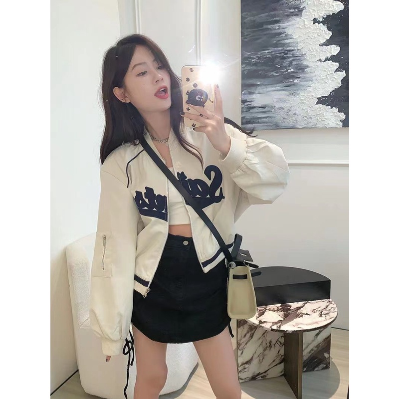 Áo Khoác Bóng Chày Tay Dài Có Khóa Kéo Màu Sắc Tương Phản Phong Cách Retro Mỹ 2023 Cho Nữ